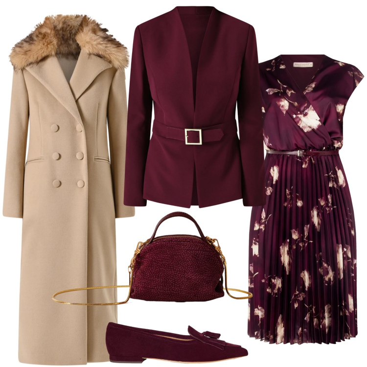 Outfit donna - Cerimonia invernale. Stile Bon Ton per Cerimonia. Abbinamento con vestiti midi/longuette, blazer, cappotti, borse a mano, ballerine.