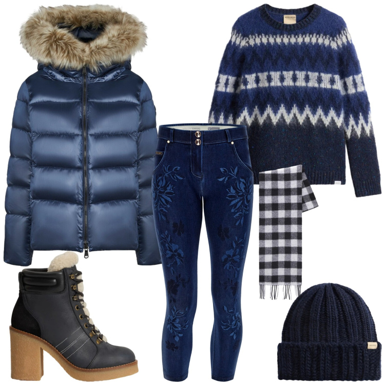 Outfit donna - Total look #2296112. Stile Casual chic per Tutti i giorni. Abbinamento con jeans skinny, piumini, berretti, stivaletti, sciarpe, maglieria.