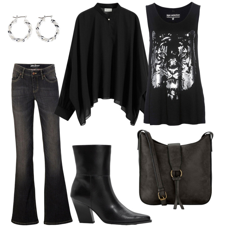 Outfit donna - Total look #2296113. Stile Casual chic per Serata fuori. Abbinamento con jeans bootcut, top, borse a tracolla, orecchini, stivaletti, bluse.