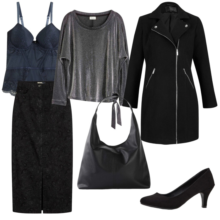 Outfit donna - Total look #2296115. Stile Chic per Serata fuori. Abbinamento con décolleté, shopping bag, gonne, bluse, cappotti, body.