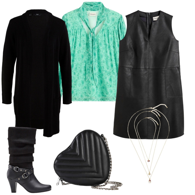 Outfit donna - Total look #2296117. Stile Casual chic per Serata fuori. Abbinamento con vestiti, stivali, cardigans, bluse, borse a tracolla, collane.