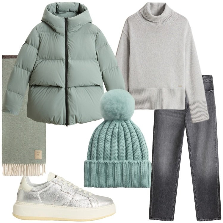Outfit donna - Woolrich - Black Friday. Stile Casual per Scuola/Università. Abbinamento con sneakers, piumini, maglieria, jeans, berretti, sciarpe.