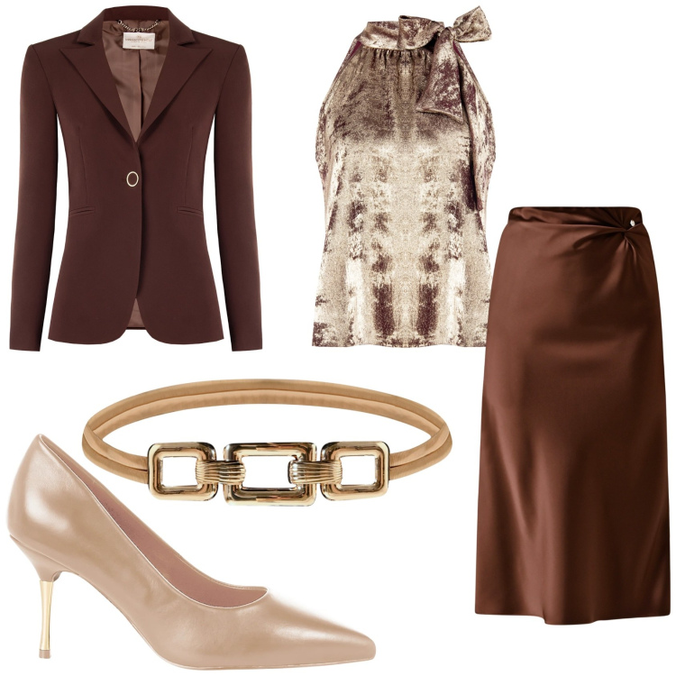 Outfit donna - Marrone e oro. Stile Glamour per Serata fuori. Abbinamento con gonne longuette, blazer, top, décolleté, cinture.
