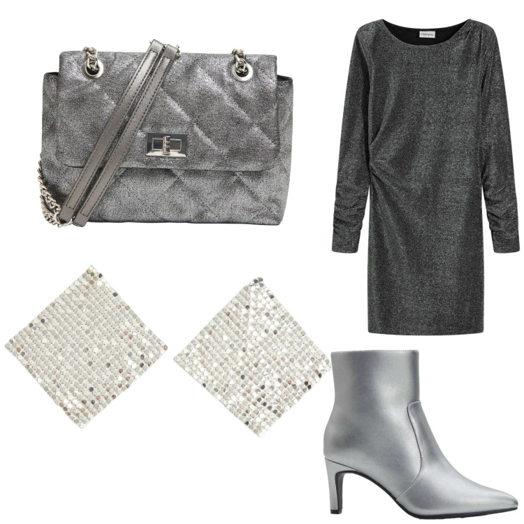 Outfit donna - Argento di sera. Stile Glamour per Serata fuori. Abbinamento con vestiti, stivaletti, orecchini, borse a tracolla.