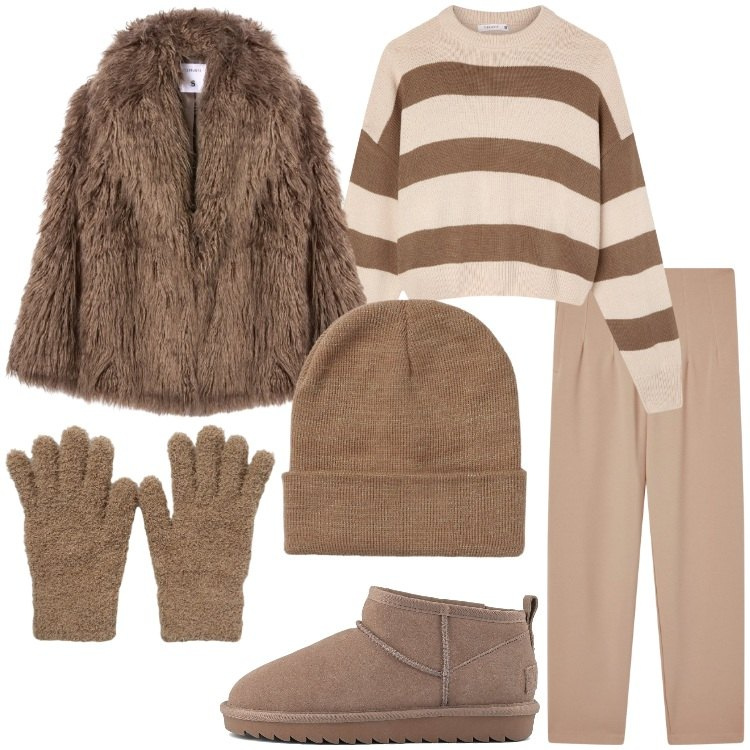 Outfit donna - Terranova - Black Friday 2025. Stile Trendy per Tutti i giorni. Abbinamento con pantaloni chino, ecopellicce, maglieria, guanti, berretti, stivali.
