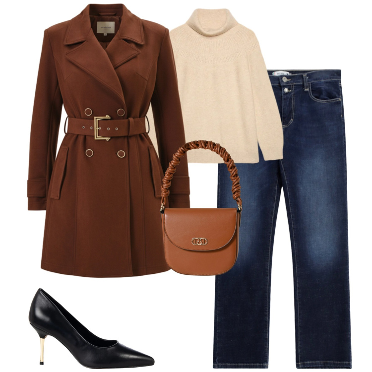 Outfit donna - In città. Stile Casual chic per Tutti i giorni. Abbinamento con jeans dritti, trench, décolleté, borse a mano, maglieria.