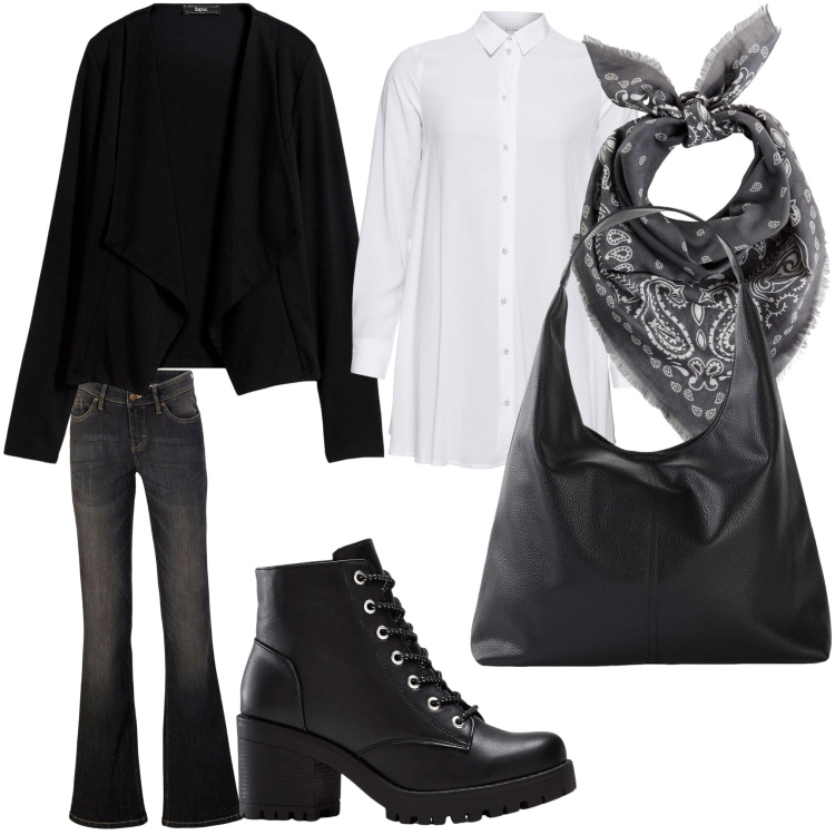 Outfit donna - Casual look. Stile Casual chic per Tutti i giorni. Abbinamento con jeans bootcut, shopping bag, blazer, camicie, stivaletti, foulard.