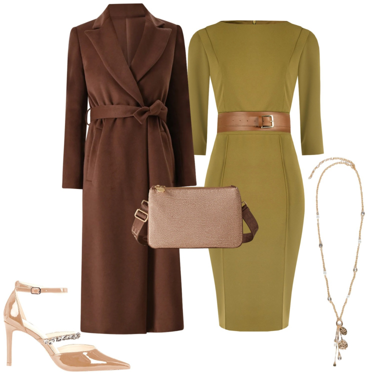 Outfit donna - A cena. Stile Chic per Serata fuori. Abbinamento con cappotti, vestiti a tubino, décolleté, borse a tracolla, ciondoli.