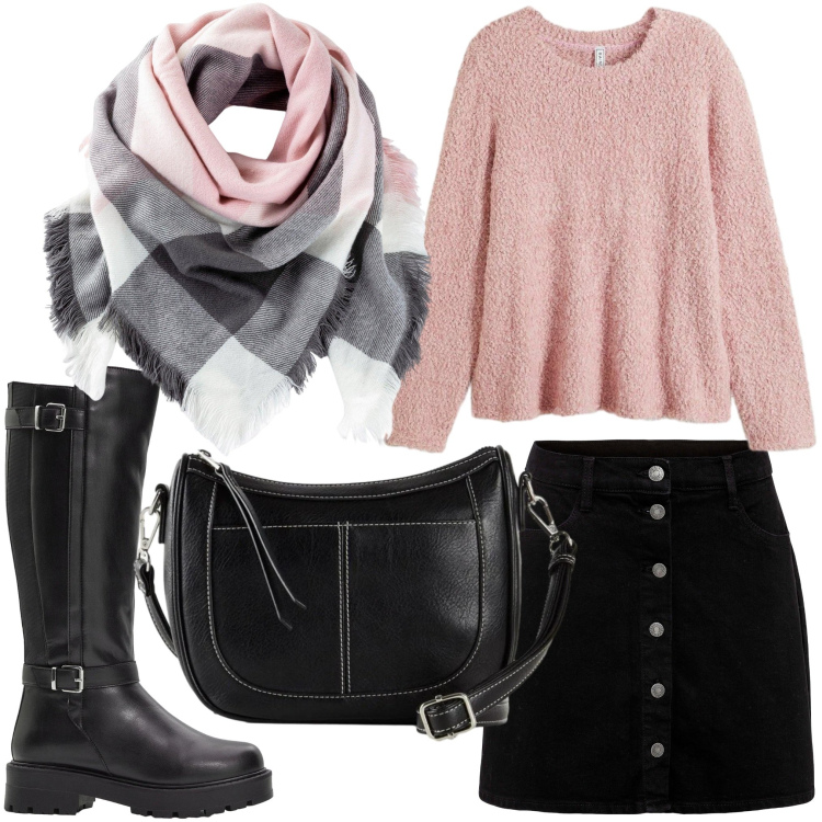 Outfit donna - Candy. Stile Casual chic per Tutti i giorni. Abbinamento con maglieria, gonne, foulard, stivali, borse a tracolla.