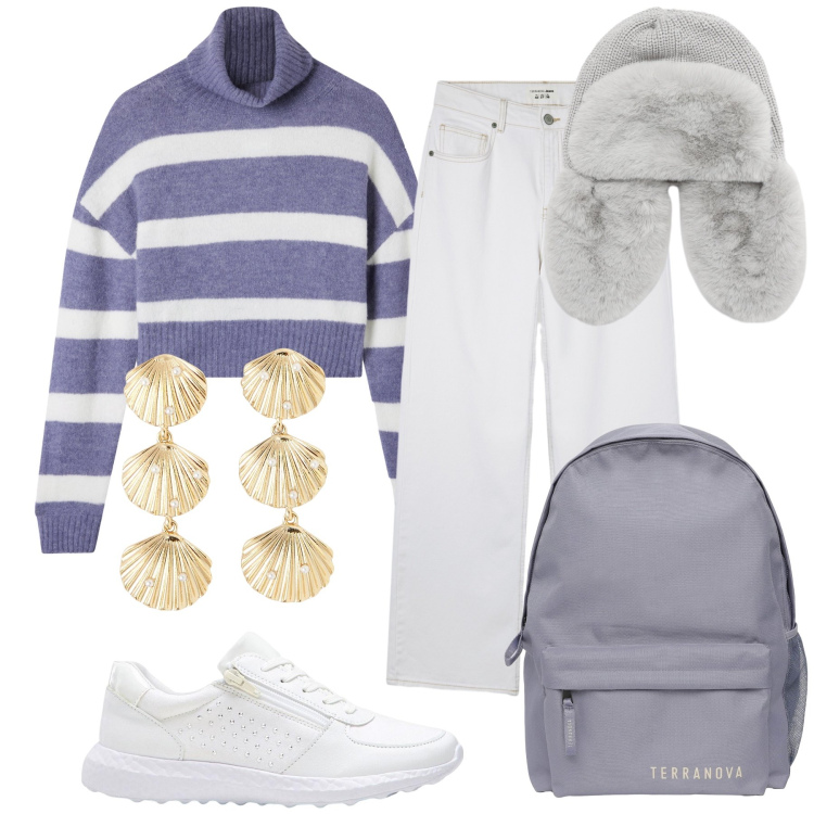 Outfit donna - Al mare d inverno. Stile Casual chic per Tutti i giorni. Abbinamento con sneakers, orecchini, zaini, maglieria, jeans, berretti.