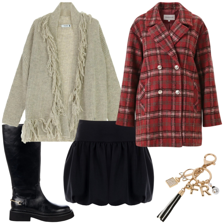 Outfit donna - Total look #2296142. Stile Trendy per Tutti i giorni. Abbinamento con cardigans, stivali sopra il ginocchio, minigonne, cappotti, portachiavi.