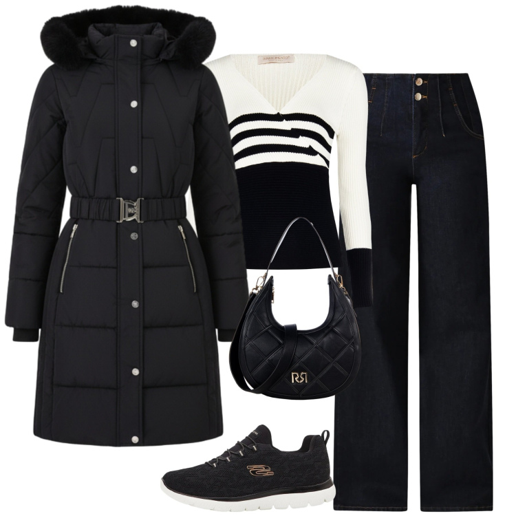 Outfit donna - City. Stile Casual chic per Tutti i giorni. Abbinamento con sneakers, piumini, pullovers, borse a tracolla, jeans.