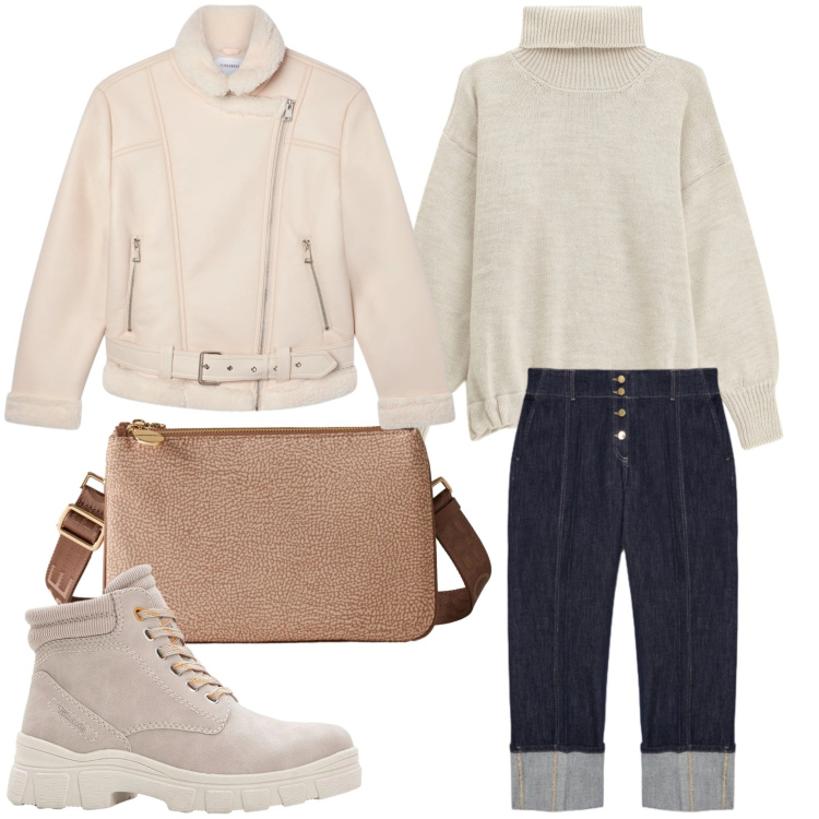 Outfit donna - Ghiaccio. Stile Casual chic per Tutti i giorni. Abbinamento con stivaletti, maglieria, bomber, borse a tracolla, jeans.