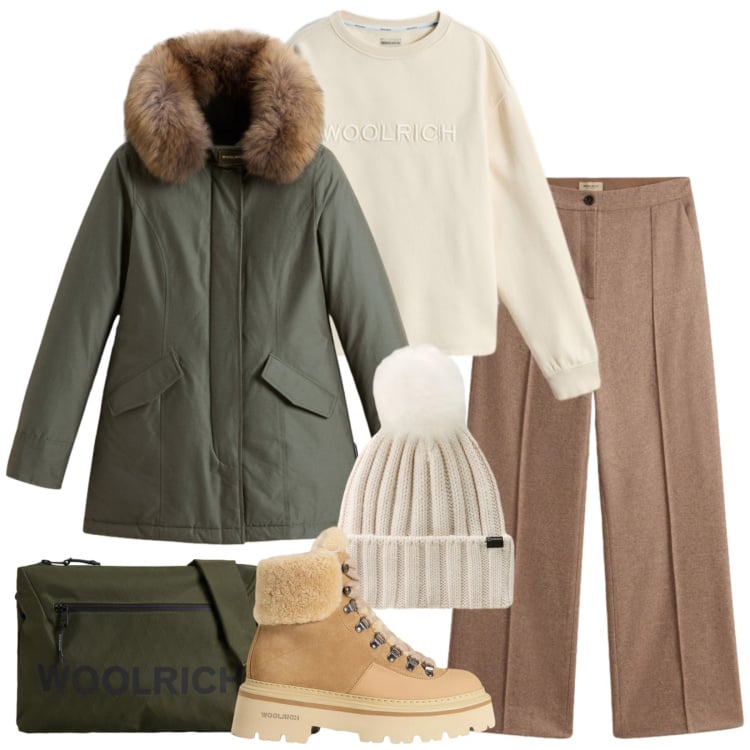 Outfit donna - Casual di stile. Stile Casual per Tutti i giorni. Abbinamento con parka, pantaloni, felpe, berretti, borse a tracolla, stivaletti.