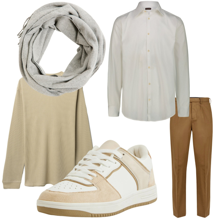 Outfit uomo - Casual beige. Stile Casual per Tutti i giorni. Abbinamento con sciarpe, sneakers, maglieria, pantaloni, camicie.
