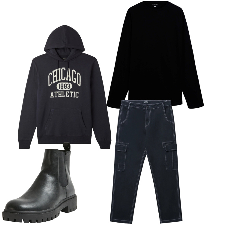 Outfit uomo - Una felpa e via. Stile Casual per Tutti i giorni. Abbinamento con stivali e stivaletti, t-shirt, pantaloni cargo, felpe con cappuccio.