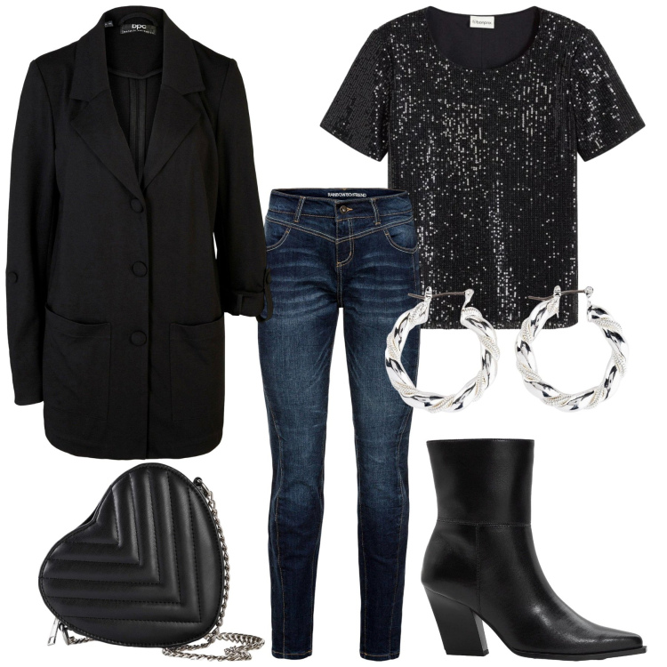 Outfit donna - Black romance. Stile Minimal per Serata fuori. Abbinamento con blazer, jeans dritti, orecchini, borse a tracolla, stivaletti, maglieria.