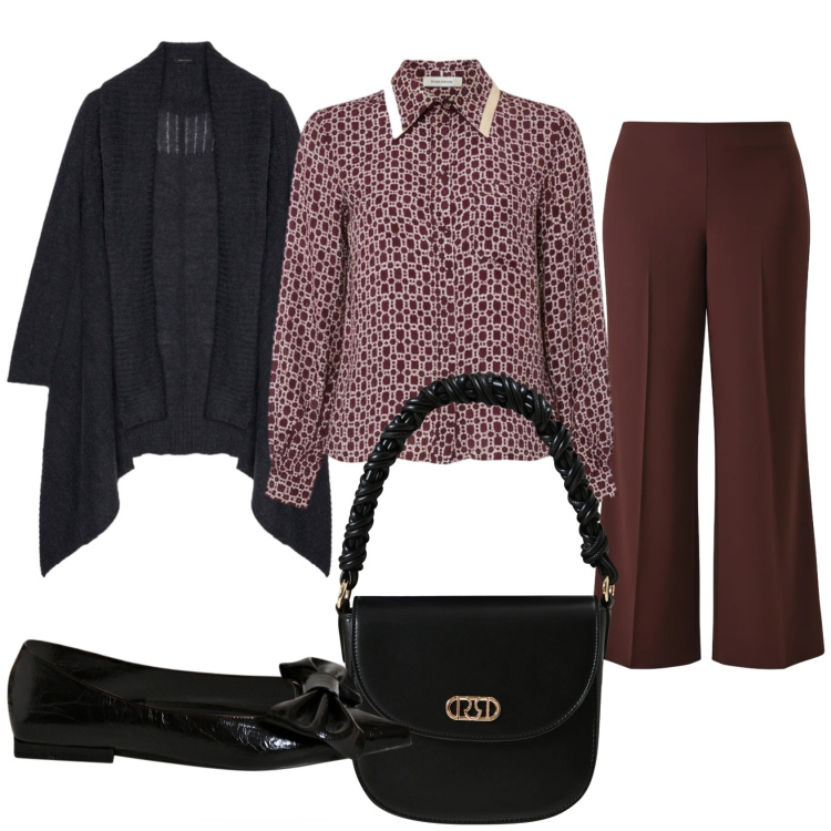 Outfit donna - Ufficio. Stile Casual chic per Ufficio. Abbinamento con camicie, ballerine, borse a mano, pantaloni a palazzo, cardigans.