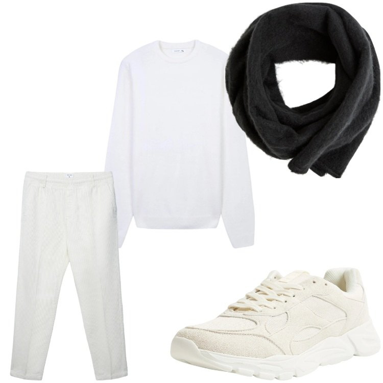Outfit uomo - Minimal. Stile Casual per Tutti i giorni. Abbinamento con sneakers, sciarpe e foulard, maglieria, pantaloni.