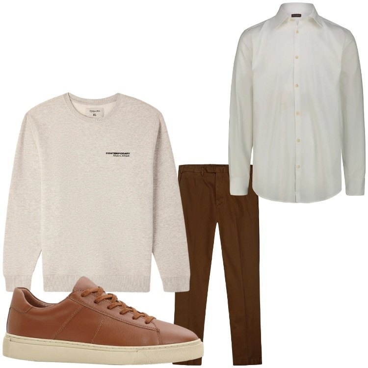 Outfit uomo - Marrone. Stile Business/Elegante per Ufficio. Abbinamento con sneakers, felpe, pantaloni, camicie.