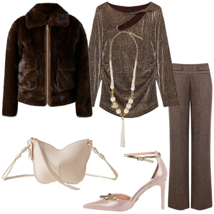 Outfit donna - Serata con stile - Focus Donna Curvy. Stile Chic per Serata fuori. Abbinamento con pantaloni, ecopellicce, décolleté, borse a tracolla, bluse, ciondoli.