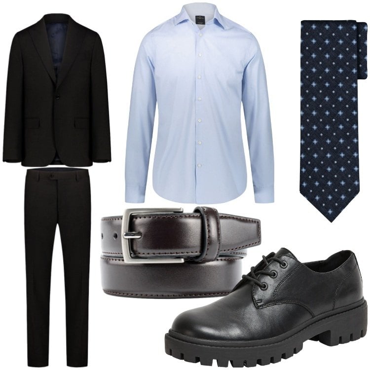 Outfit uomo - Formale. Stile Business/Elegante per Serata speciale. Abbinamento con scarpe stringate, abiti, camicie, cravatte, cinture.