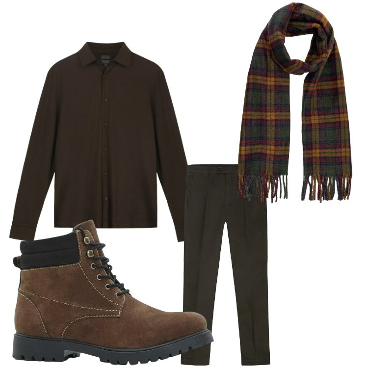 Outfit uomo - Brown. Stile Casual per Tutti i giorni. Abbinamento con stivali e stivaletti, polo, sciarpe, pantaloni chino.
