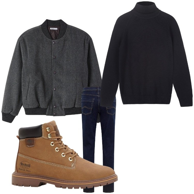 Outfit uomo - Freddo. Stile Casual per Tutti i giorni. Abbinamento con jeans dritti, stivali e stivaletti, bomber, pullovers.