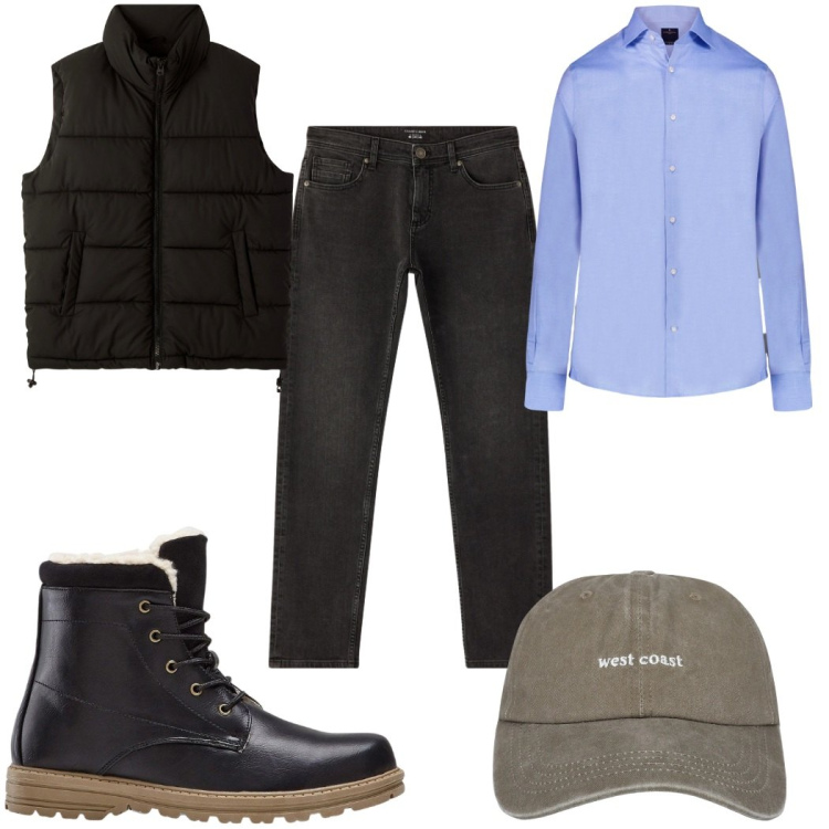 Outfit uomo - Total look #2296186. Stile Casual per Tutti i giorni. Abbinamento con stivali e stivaletti, cappelli con visiera, jeans, piumini, camicie.