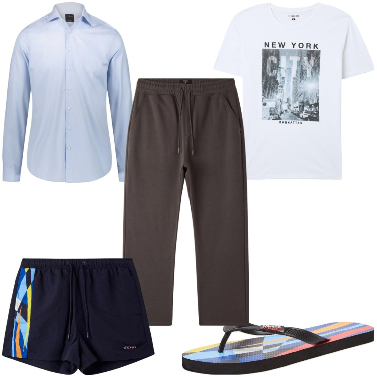 Outfit uomo - Total look #2296187. Stile Trendy per Mare. Abbinamento con sandali, t-shirt, costumi, pantaloni, camicie.
