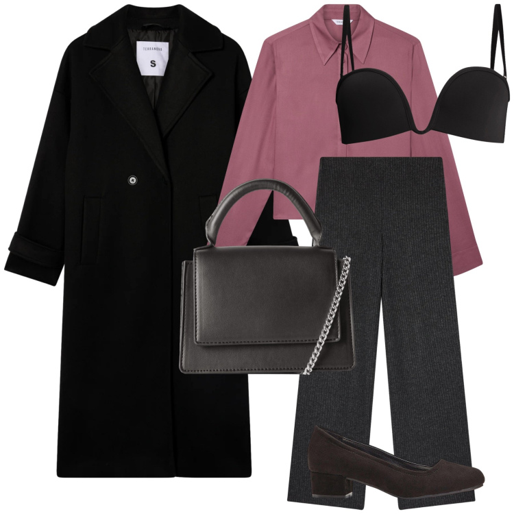 Outfit donna - Un cappotto nero, che altro. Stile Urban per Ufficio. Abbinamento con décolleté, pantaloni, camicie, borse a tracolla, cappotti, reggiseni.