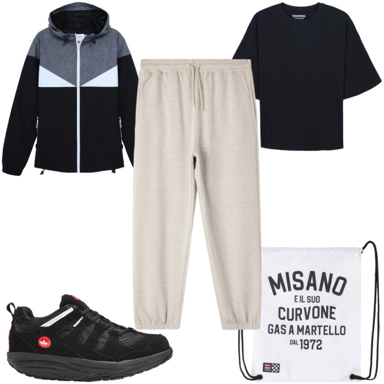 Outfit uomo - Total look #2296193. Stile Trendy per Sport. Abbinamento con sneakers, borse sportive, pantaloni, giacche sportive, t-shirt sportive.