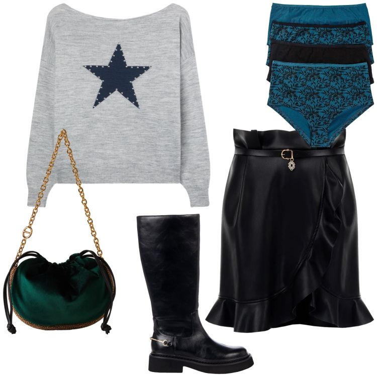 Outfit donna - Happy hour. Stile Trendy per Serata fuori. Abbinamento con culotte, minigonne, stivali sopra il ginocchio, maglieria, borse a spalla.