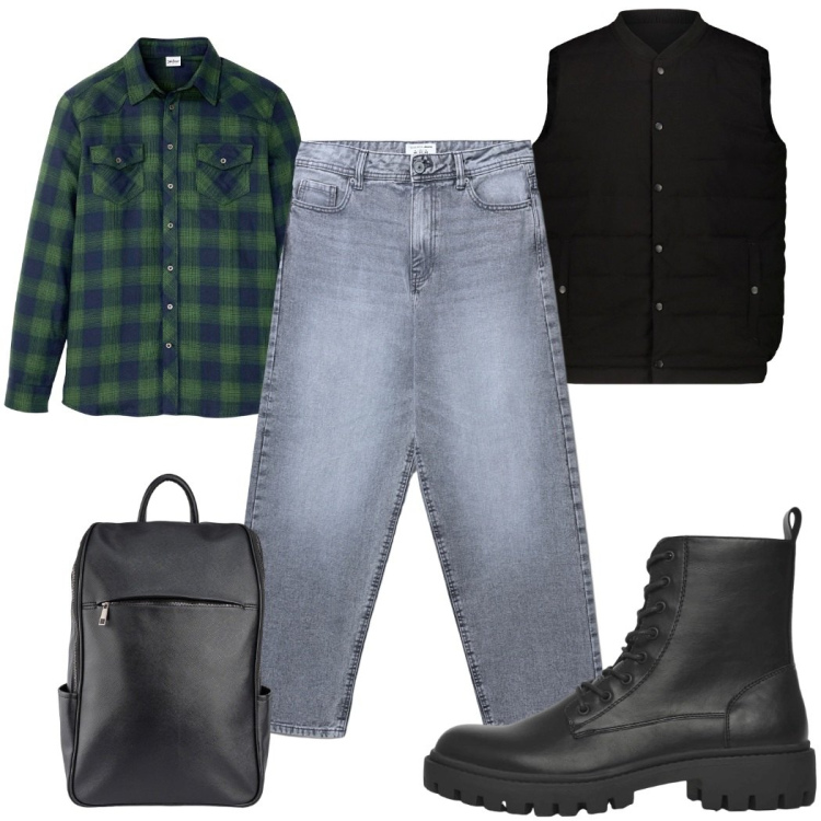 Outfit uomo - Total look #2296196. Stile Casual per Tutti i giorni. Abbinamento con camicie, anfibi, jeans, borse sportive, piumini.