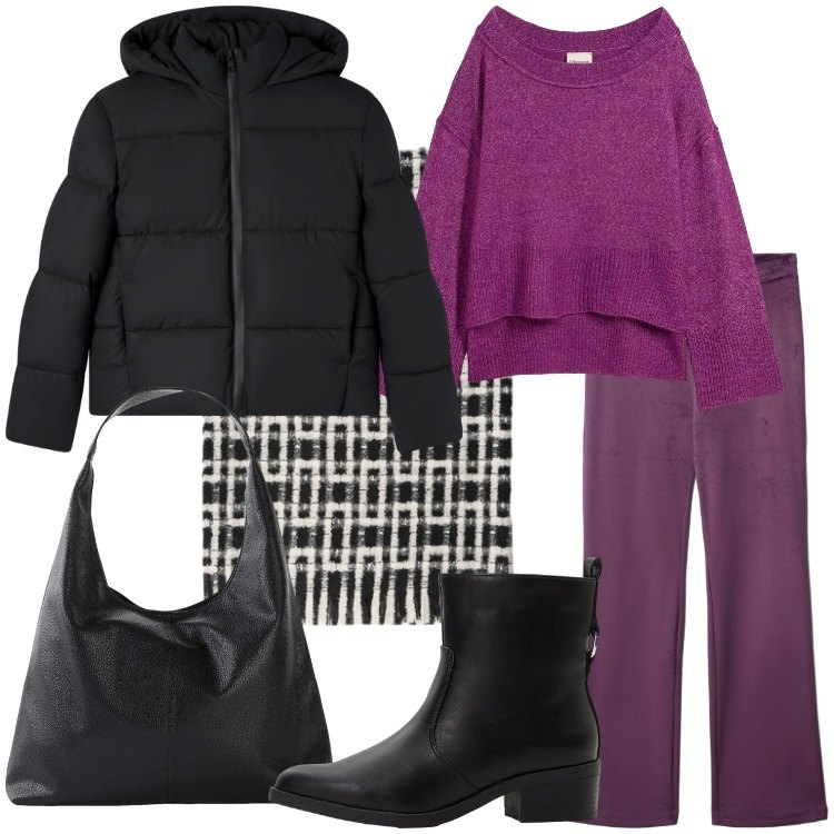 Outfit donna - Novembre purple - @antonellal. Stile Casual chic per Tutti i giorni. Abbinamento con maglieria, stivaletti, shopping bag, pantaloni, bomber, sciarpe.