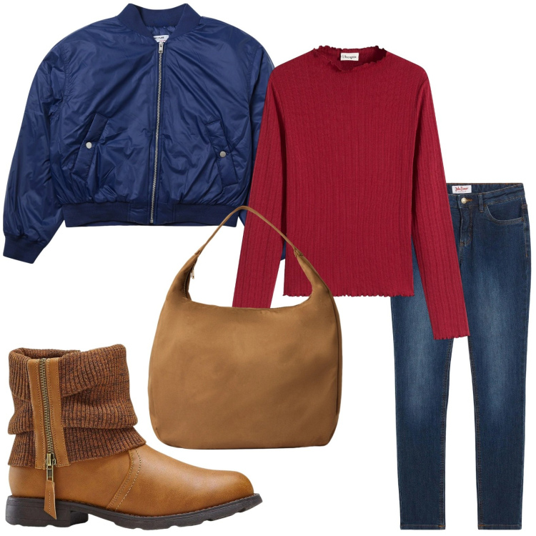 Outfit donna - Bomber urban. Stile Urban per Tutti i giorni. Abbinamento con jeans skinny, stivaletti, maglieria, bomber, borse a mano.