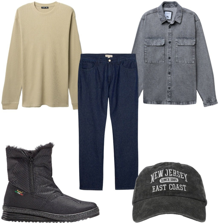 Outfit uomo - Total look #2296201. Stile Trendy per Tutti i giorni. Abbinamento con stivali e stivaletti, jeans dritti, cappelli con visiera, cappotti, maglieria.