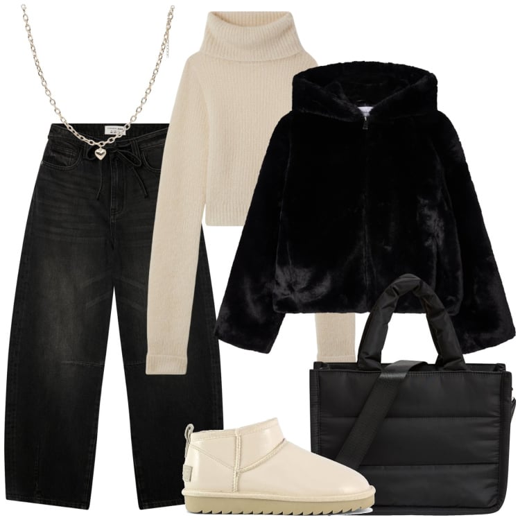 Outfit donna - Caldo inverno Terranova. Stile Trendy per Tutti i giorni. Abbinamento con ecopellicce, maglieria, jeans, shopping bag, collane, stivali.