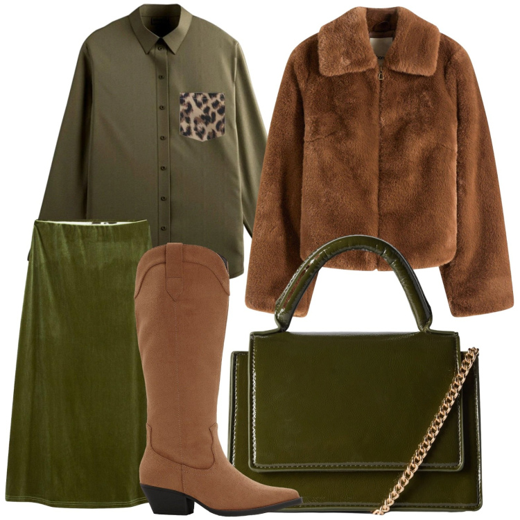 Outfit donna - L\'ecopelliccia armoniosa. Stile Chic per Serata fuori. Abbinamento con gonne longuette, camicie, ecopellicce, stivali, borse a tracolla.