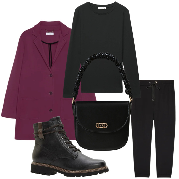 Outfit donna - Cappotto wine. Stile Casual per Tutti i giorni. Abbinamento con stivaletti, borse a mano, t-shirt, cappotti, pantaloni.