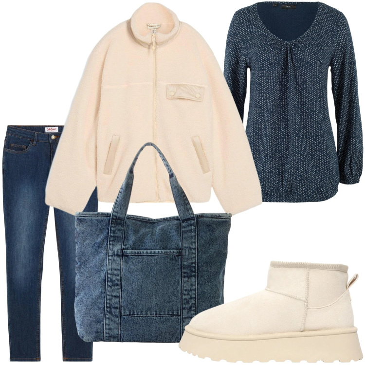 Outfit donna - Casual. Stile Casual per Tutti i giorni. Abbinamento con shopping bag, jeans skinny, maglieria, caban, stivaletti.