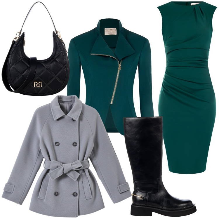 Outfit donna - Al lavoro. Stile Minimal per Ufficio. Abbinamento con vestiti a tubino, blazer, stivali sopra il ginocchio, caban, borse a tracolla.