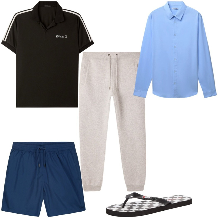Outfit uomo - Total look #2296210. Stile Trendy per Mare. Abbinamento con sandali, polo, pantaloni, camicie, costumi.