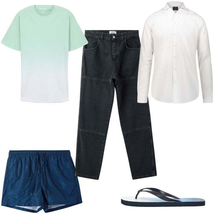 Outfit uomo - Total look #2296211. Stile Trendy per Mare. Abbinamento con pantaloni, sandali, costumi, t-shirt, camicie.