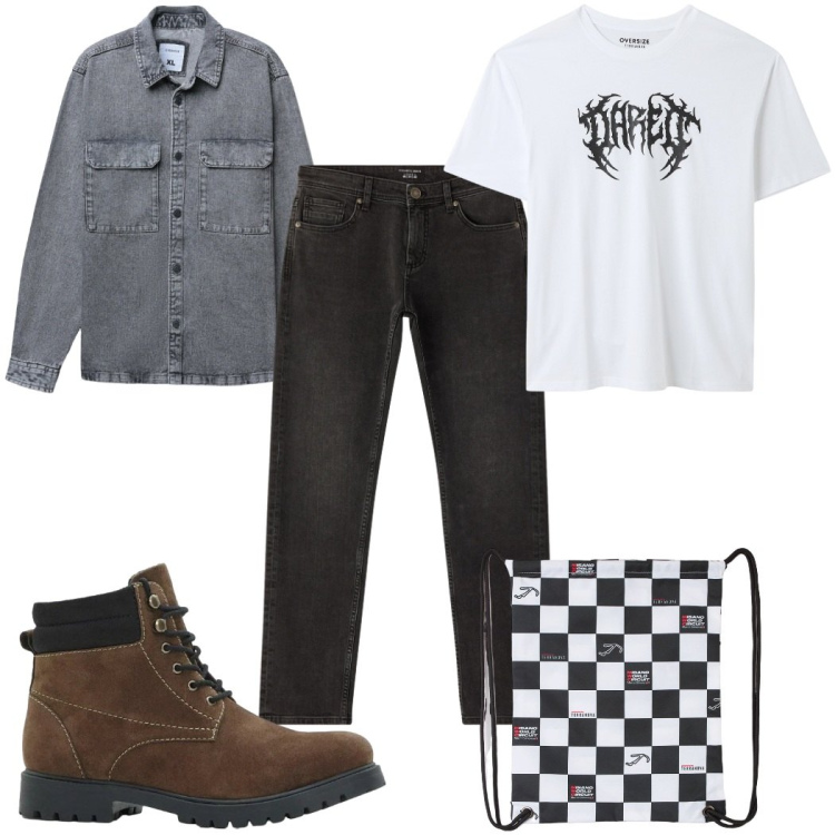 Outfit uomo - Total look #2296214. Stile Casual per Tutti i giorni. Abbinamento con stivali e stivaletti, borse sportive, t-shirt, jeans, cappotti.