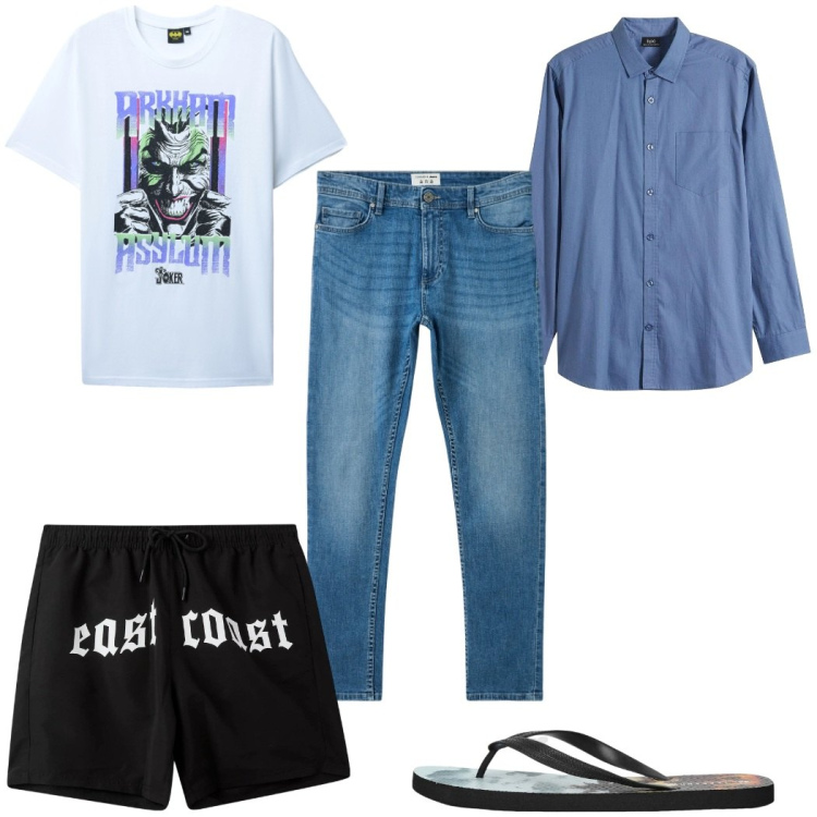 Outfit uomo - Total look #2296215. Stile Trendy per Mare. Abbinamento con camicie, jeans skinny, sandali, costumi, t-shirt.