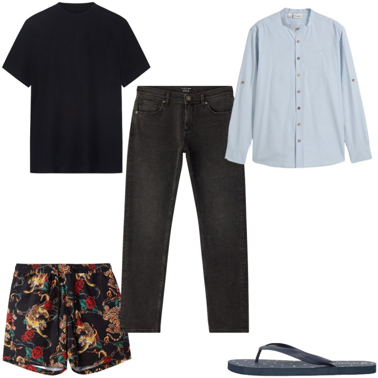 Outfit uomo - Total look #2296216. Stile Trendy per Mare. Abbinamento con camicie, costumi, sandali, jeans, t-shirt.