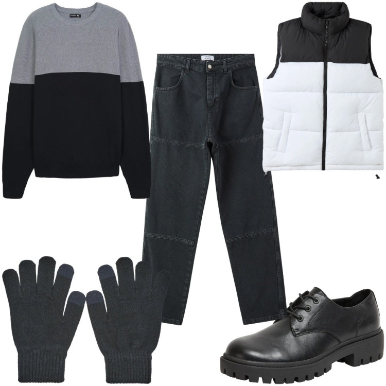 Outfit uomo - Total look #2296217. Stile Casual per Tutti i giorni. Abbinamento con pantaloni, scarpe stringate, piumini, maglieria, guanti.