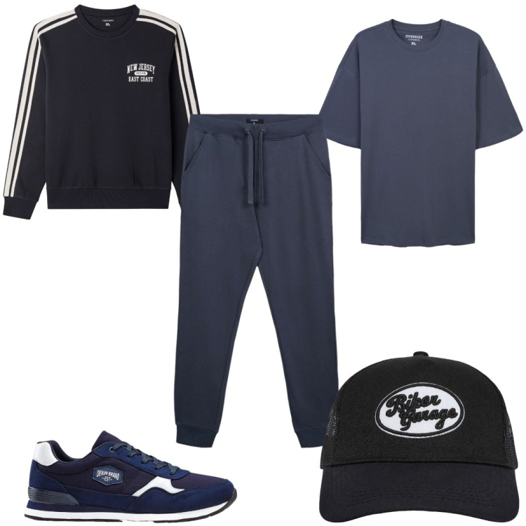 Outfit uomo - Total look #2296219. Stile Trendy per Sport. Abbinamento con sneakers, cappelli, pantaloni sportivi, t-shirt, felpe sportive.