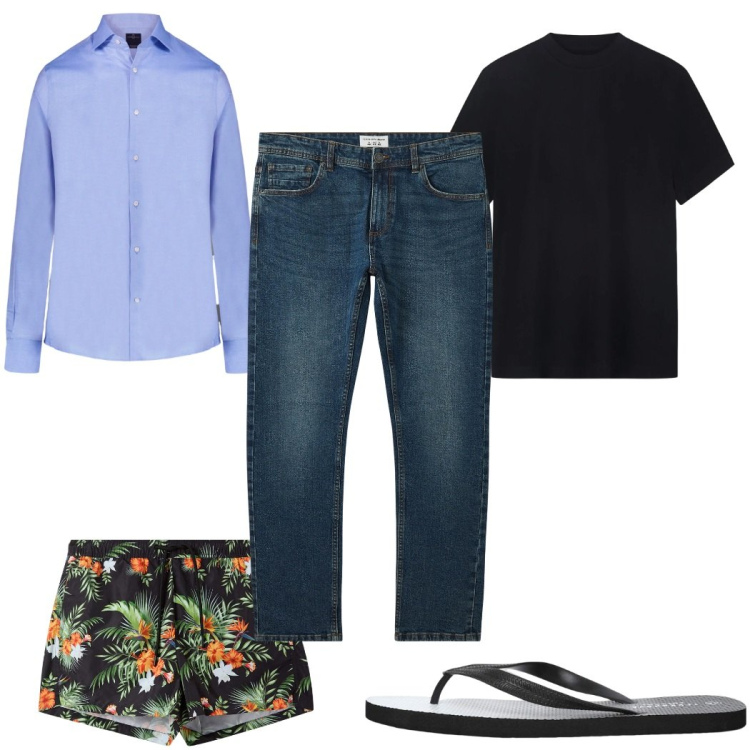 Outfit uomo - Total look #2296220. Stile Trendy per Mare. Abbinamento con jeans, sandali, costumi, camicie, t-shirt.